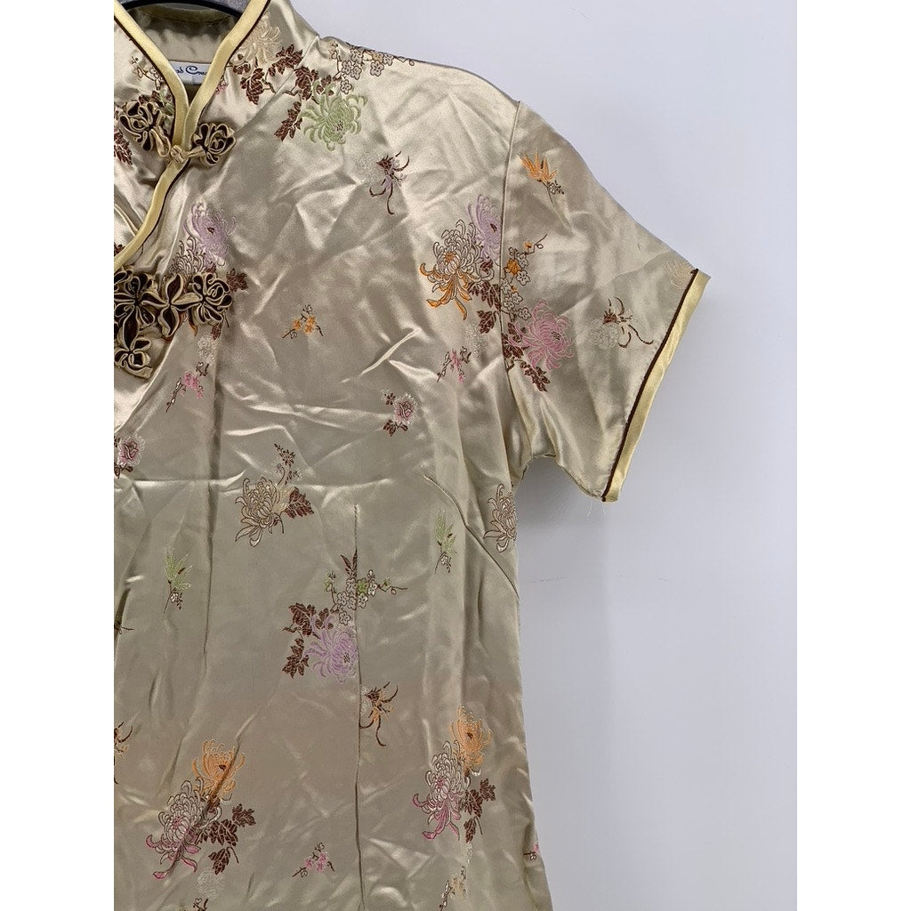 SILKROAD CREATIONS Women's Beige Satin Floral Print Cheongsam Dress SZ 40(US12)