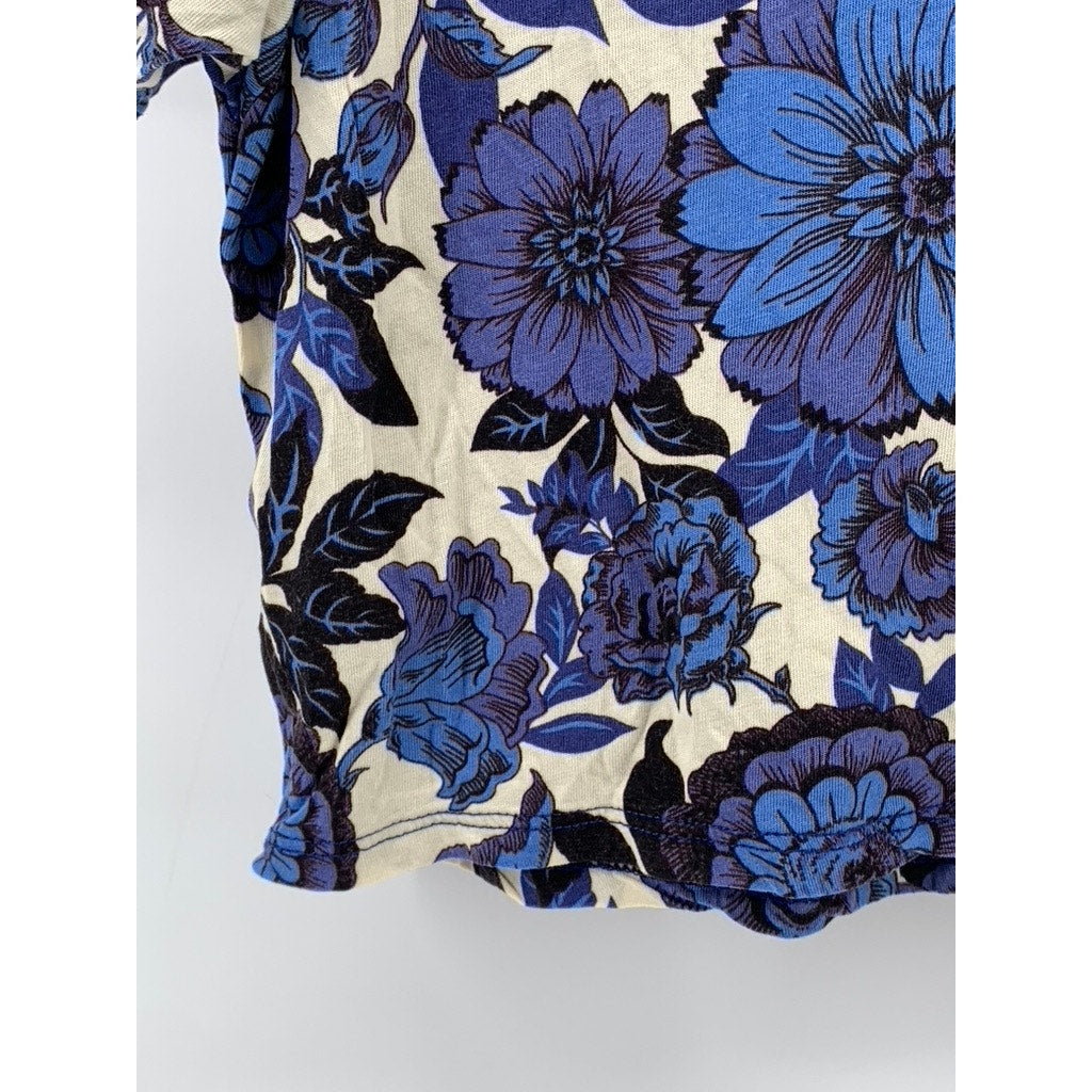 FORVER 21 Women’s Blue-Cream Floral Printed Crewneck Short Sleeve Crop Top SZ S