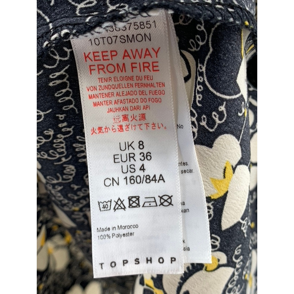 TOPSHOP Women's Black Floral Print Tie Neck Long Sleeve Mini Dress SZ 4