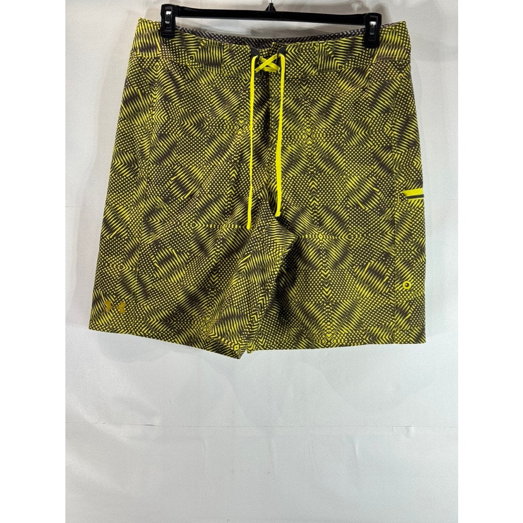 UNDER ARMOUR Men's Yellow Green Print Drawstring Board Shorts SZ 40