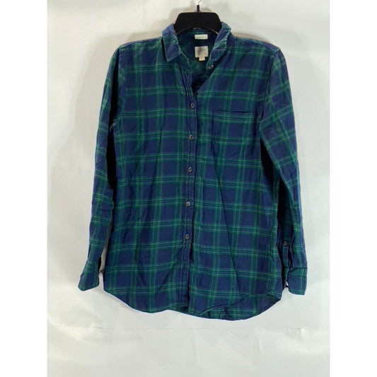 J. CREW Women's Green/Blue Plaid Boyfit Button-Up Long Sleeve Top SZ XS