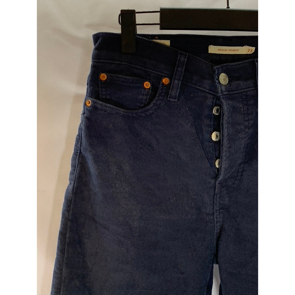LEVI'S Women's Navy Blue Corduroy Button-Fly Wedgie-Fit Straight-Leg Pant SZ 27