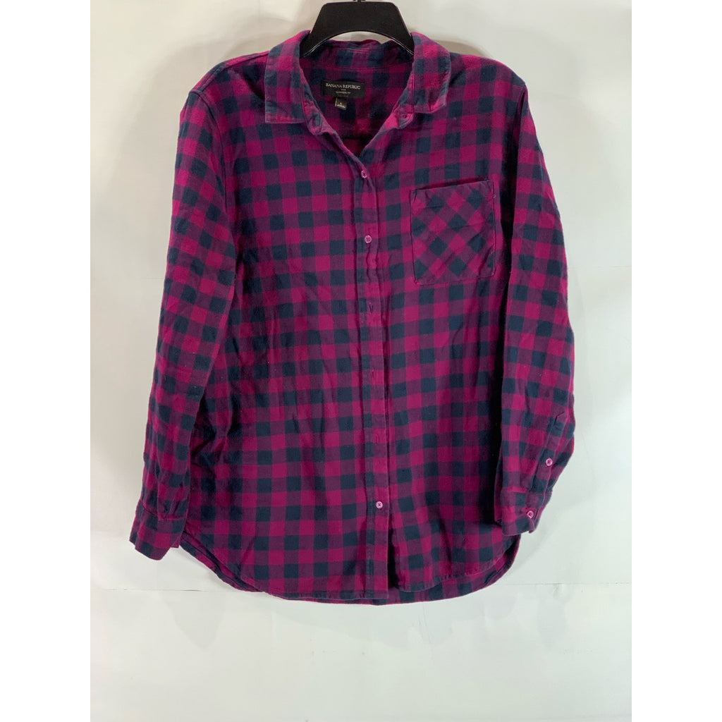 BANANA REPUBLIC Women's Wine/Navy Plaid Boyfriend-Fit Heavy Flannel Shirt SZ L