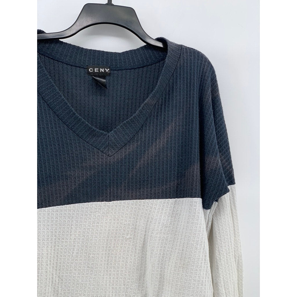 CENY Women's Navy-White Colorblock V-Neck Long Sleeve Waffle Knit Top SZ L