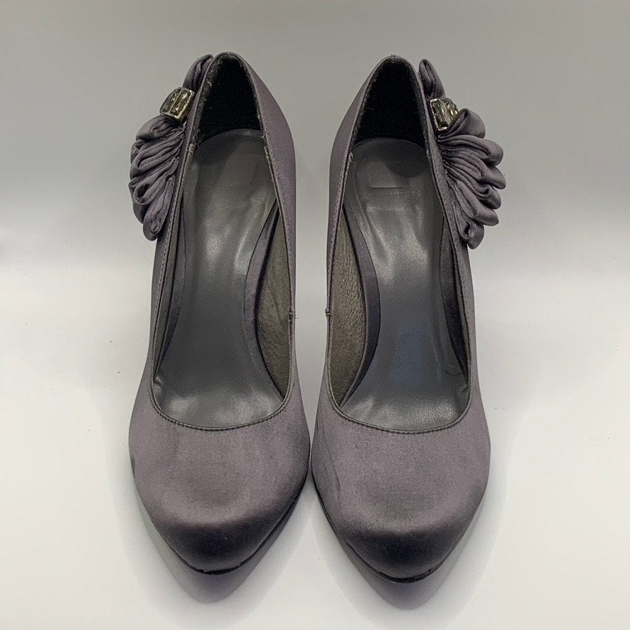 MANFIELD Women's Gray Satin Round-Toe Rhinestone Embellished Bow Pumps SZ40(US9)