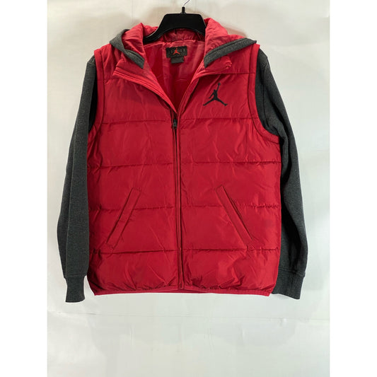 NIKE JORDAN Kid's Red/Gray Sherpa Two-Fer Hooded Zip-Up Puffer Jacket SZ XL