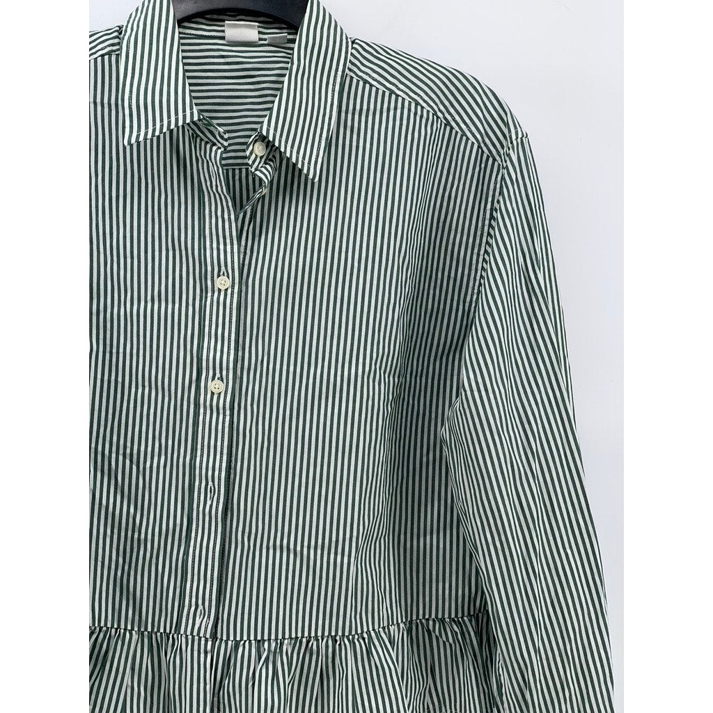 GAP Women's Green-White Striped Ruffle Hem Button-Up Long Sleeve Top SZ S