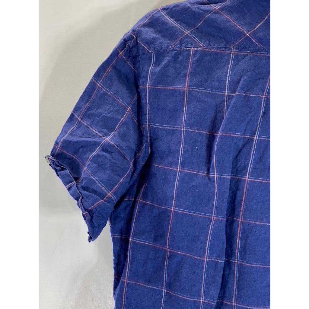 JACHS NEW YORK Men's Blue Windowpane Linen Classic-Fit Button-Up Shirt SZ S