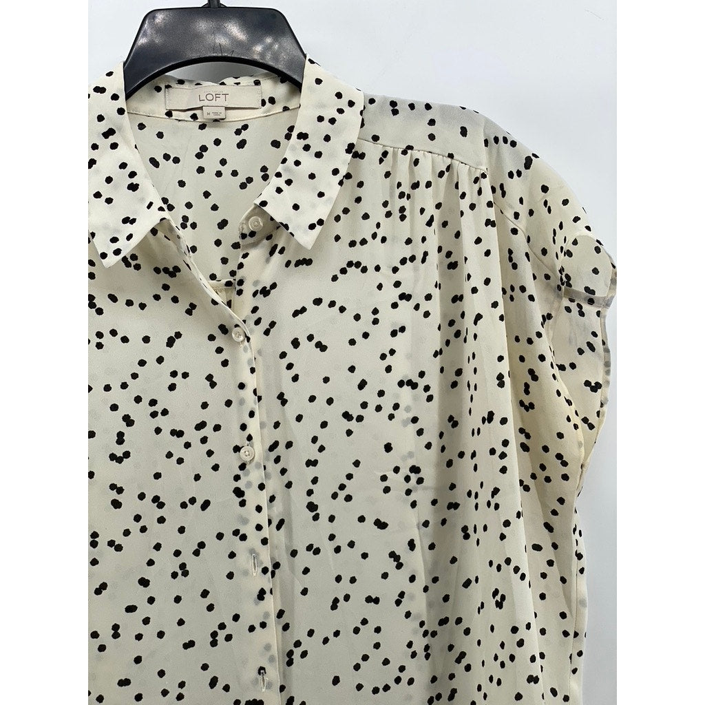 ANN TAYLOR LOFT Women's Cream-Black Dot Print Short Sleeve Button-Up Top SZ M