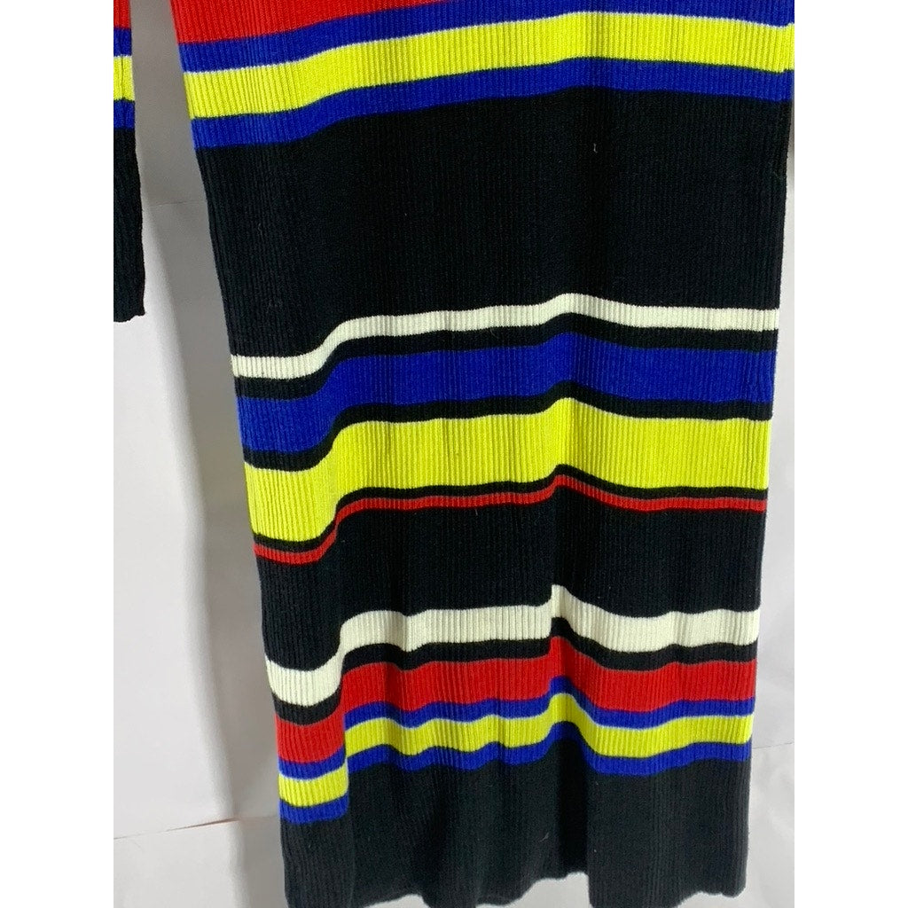 SANCTUARY Women's Black/Multi Striped Crewneck 3/4 Sleeve Knit Mini Dress SZ M