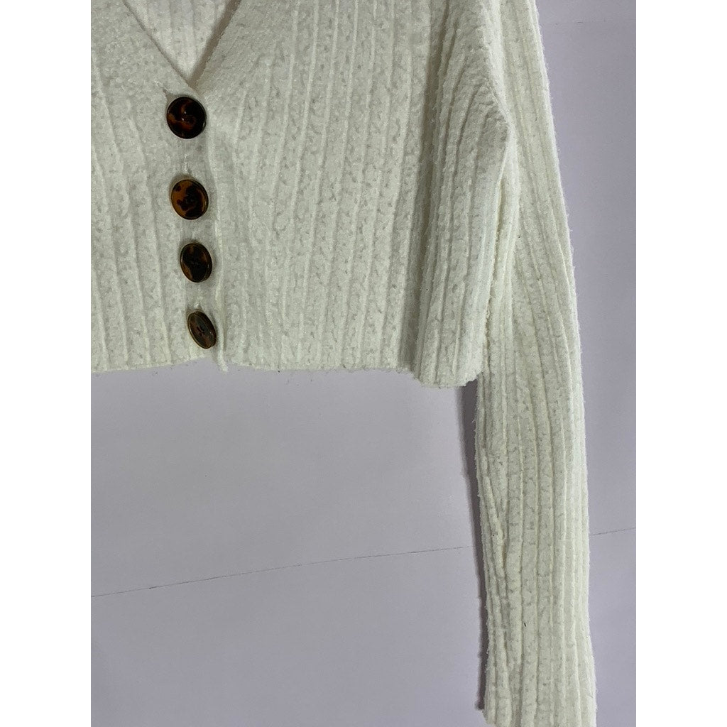 URBAN OUTFITTERS Women's Cream Fuzzy Rochelle Button-Up Cropped Cardigan SZ M