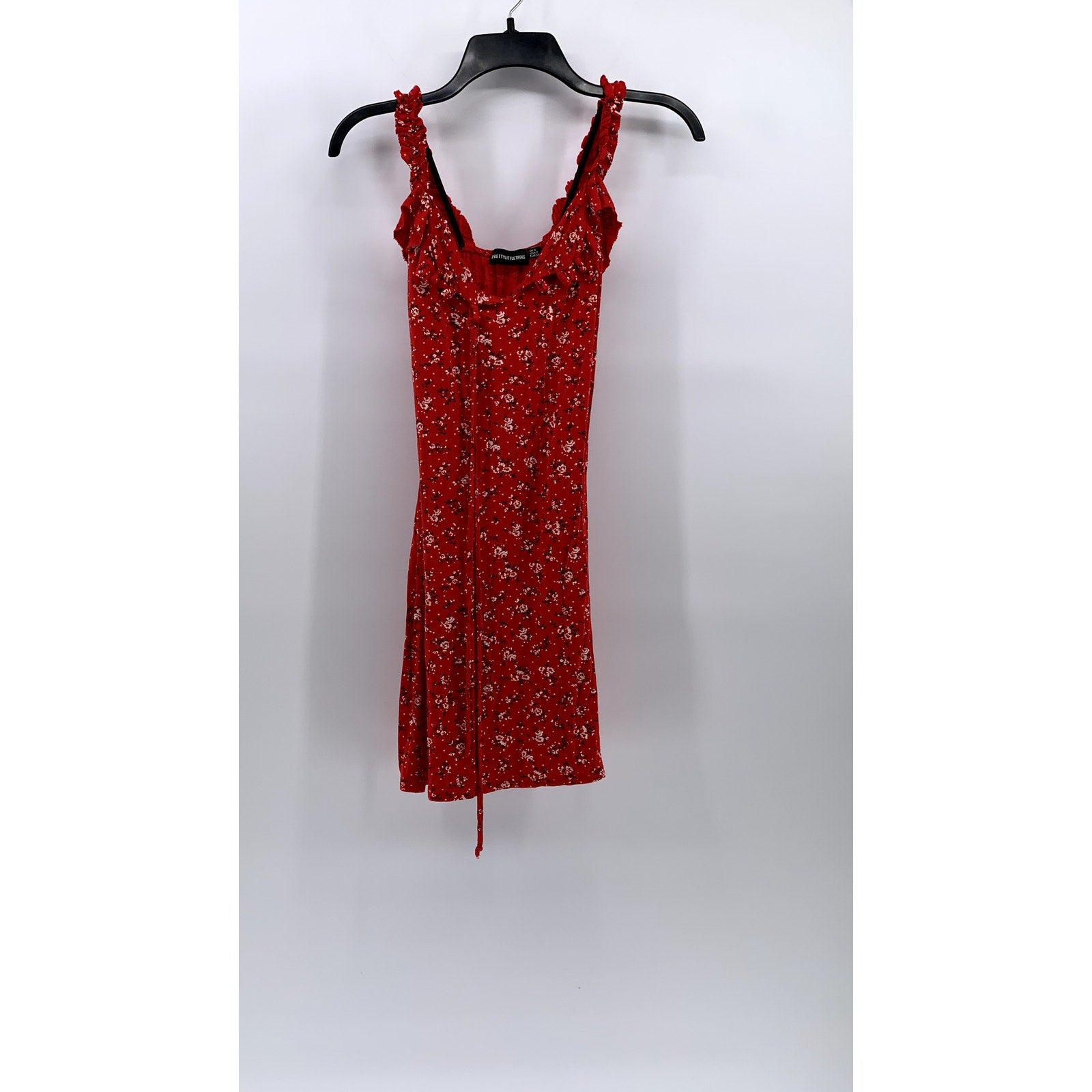 PRETTYLITTLETHING Women's Red Ditsy Floral Lace-Up Bodycon Mini Dress SZ 2