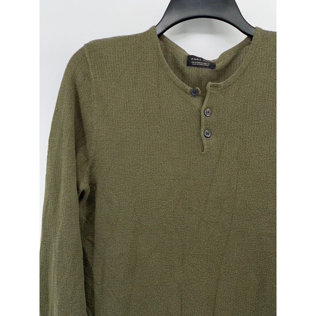 ZARA Men's Olive Green Knit Long Sleeve Casual Henley Shirt SZ M