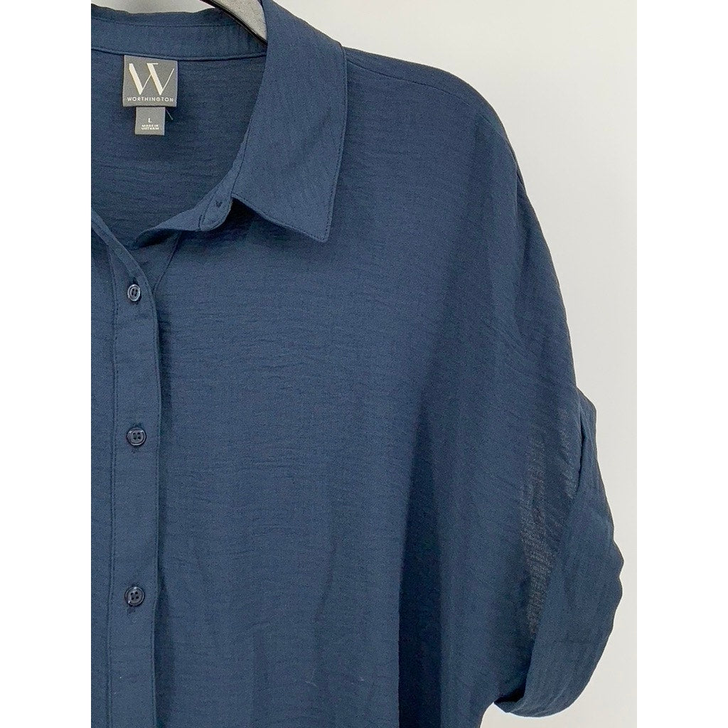 WORTHINGTON Women's Blue Button-Up Short Sleeve Belted Dress SZ L