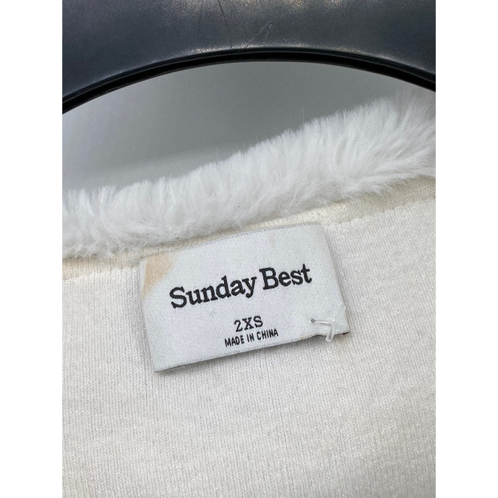 SUNDAY BEST Women's White Faux-Fur Button-Up Cropped Sweater Top SZ 2XS