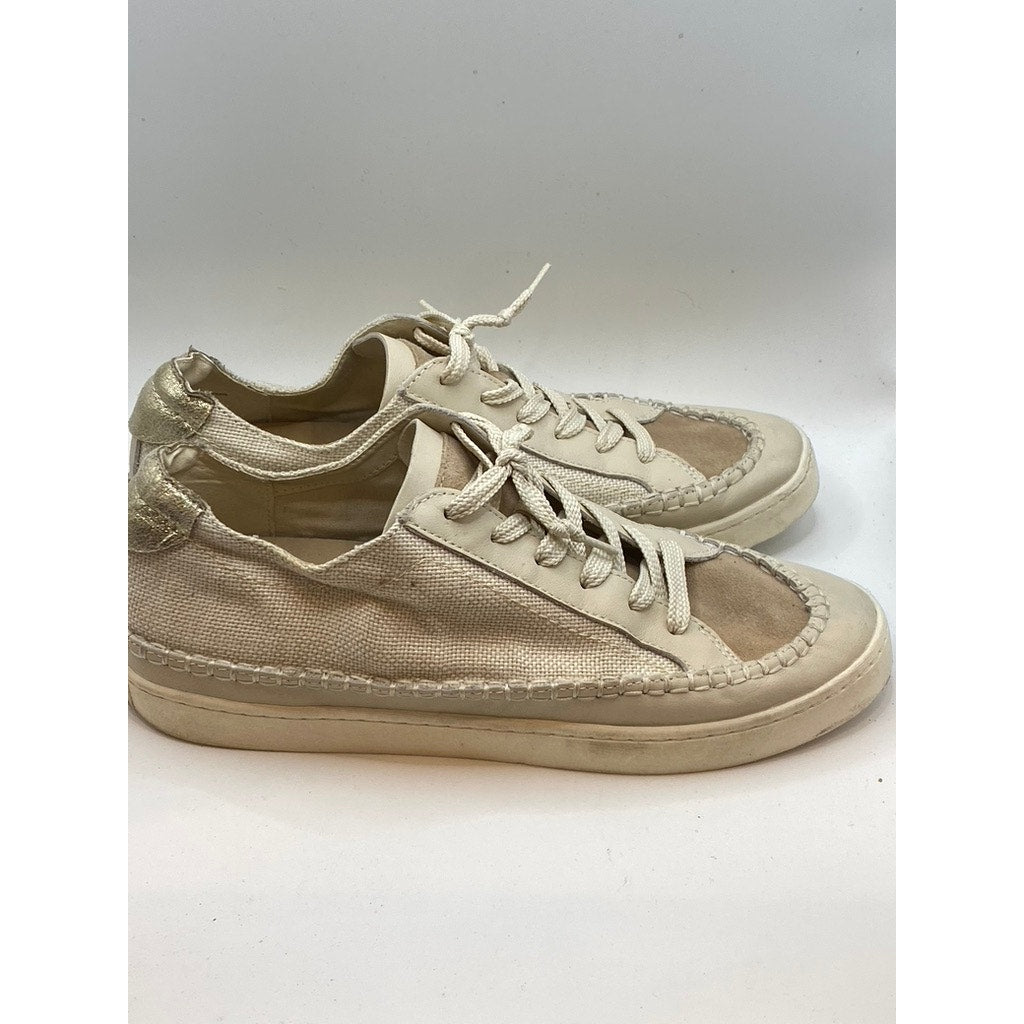 DOLCE VITA Women's White-Tan Contrast Stitch Round-Toe Lace-Up Sneakers SZ 11