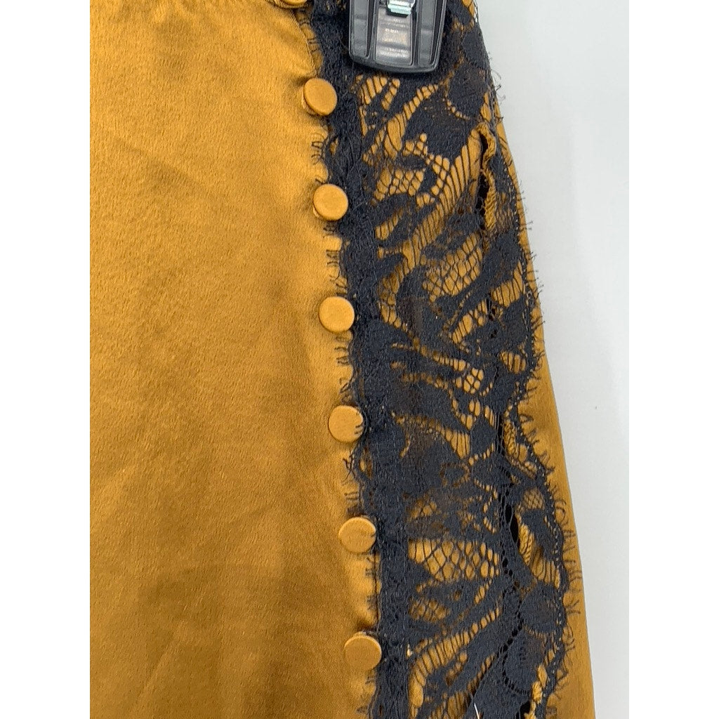 VICTORIA SECRET Women's Gold-Black Lace-Trim High-Rise Straight Midi Skirt SZ XS