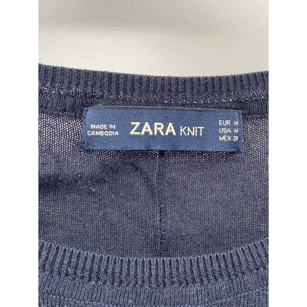 ZARA KNIT Women's Navy Blue Crewneck Long Sleeve Hi-Low Pullover Sweater SZ M