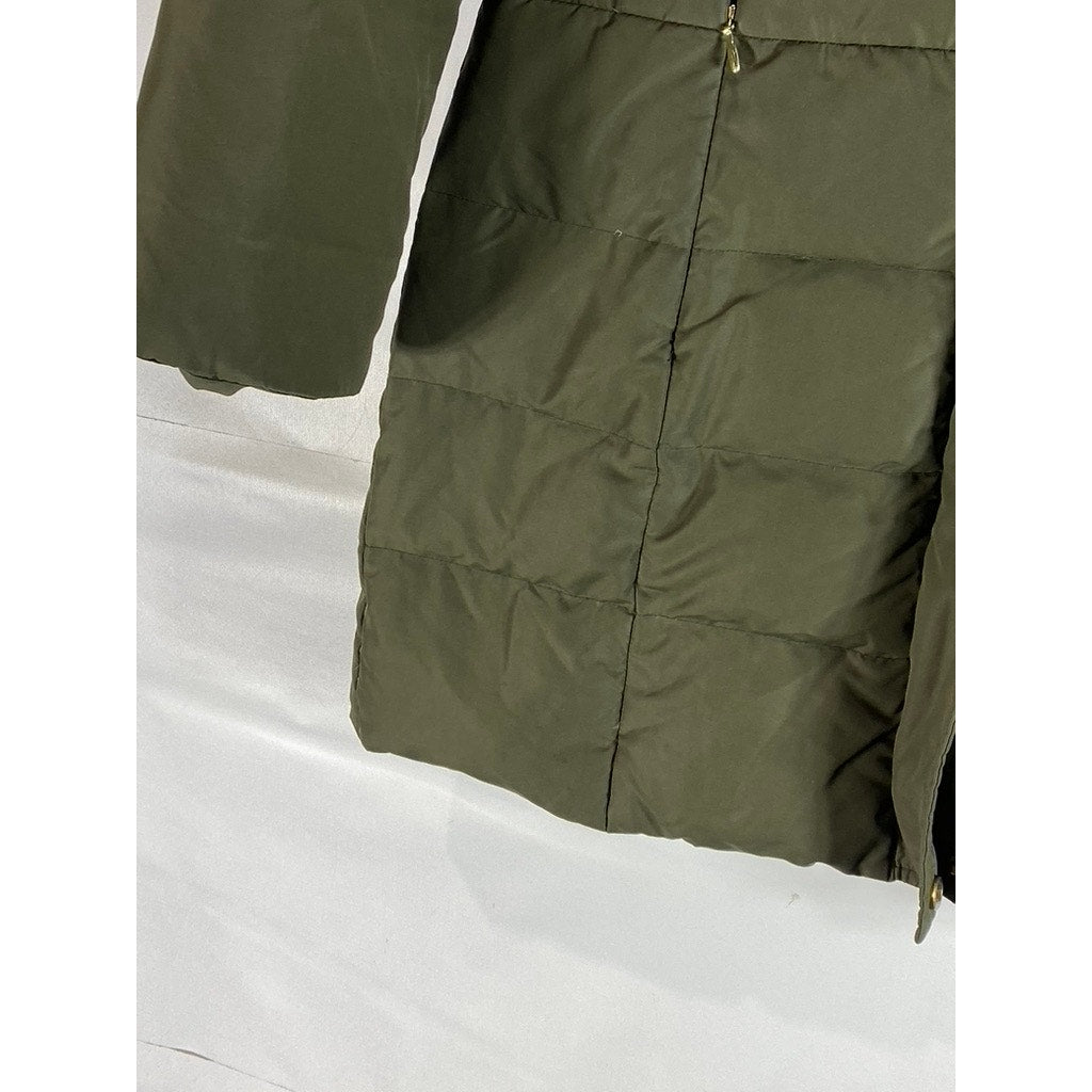 ELLEN TRACY Women's Olive Full-Zip Snap-Button Stand Collar Puffer Jacket SZ S