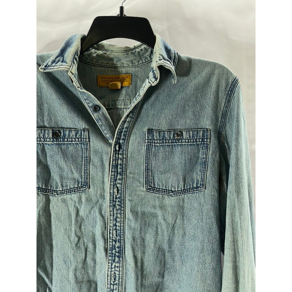 STAPELFORD Men’s Light Wash Blue Cotton Workwear Denim Button-Up Shirt SZ S