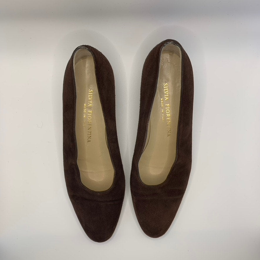 SILVIA FIORENTINA Women's Brown Suede Spiga Round-Toe Block-Heel Pumps SZ 7