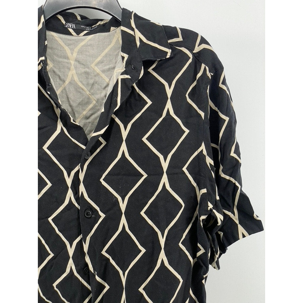 ZARA Men's Black-Beige Geo Print Button-Up Short Sleeve Shirt SZ S