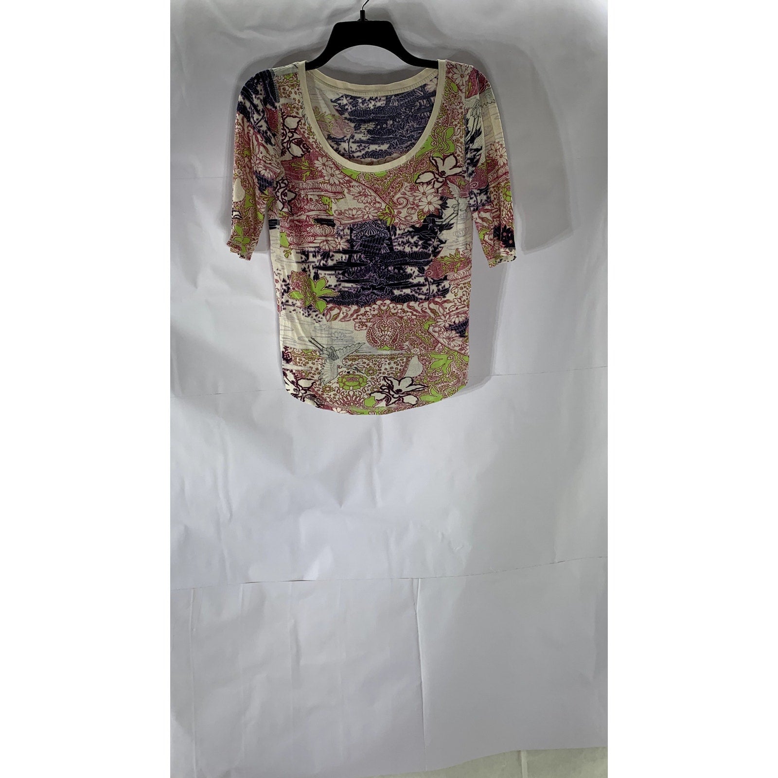 LUEFAY TEES Women's Beige-Multi Scoop-Neck Elbow-Sleeve Lightweight Top SZ M