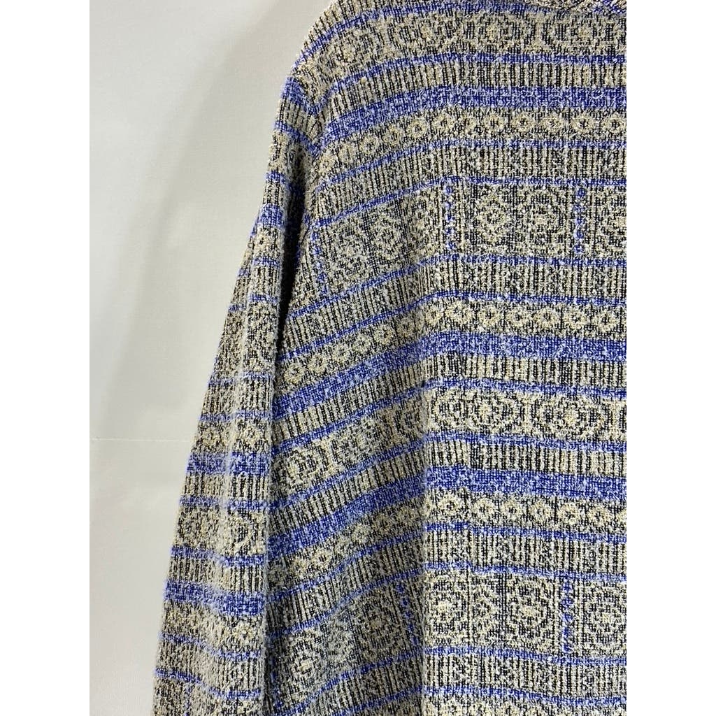 MEG SHOP Women's Metallic Gold/Blue Long Sleeve Pinched Hem Striped Blouse SZ L