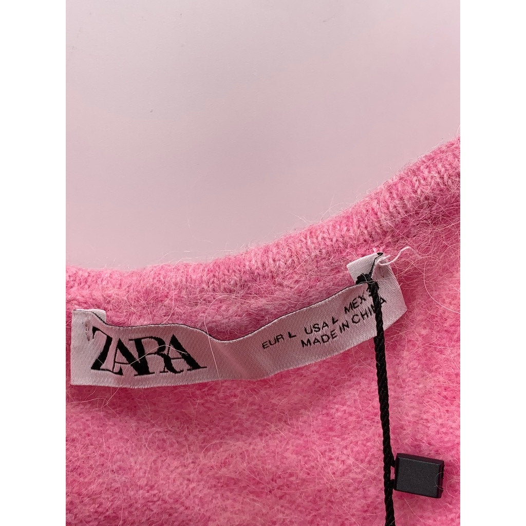 ZARA Women's Pink V-Neck Alpaca-Wool Blend Embellished A-Line Mini Dress SZ L