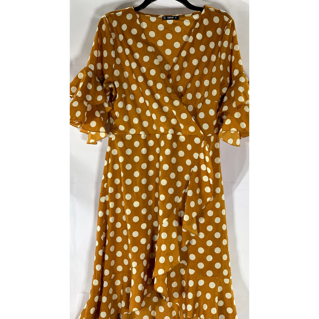 SHEIN Women's Carmel Brown-White Polka Dot Surplice Ruffle-Hem Dress SZ L