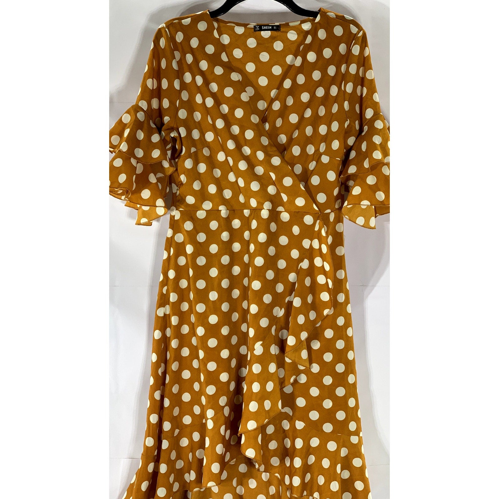 SHEIN Women's Carmel Brown-White Polka Dot Surplice Ruffle-Hem Dress SZ L