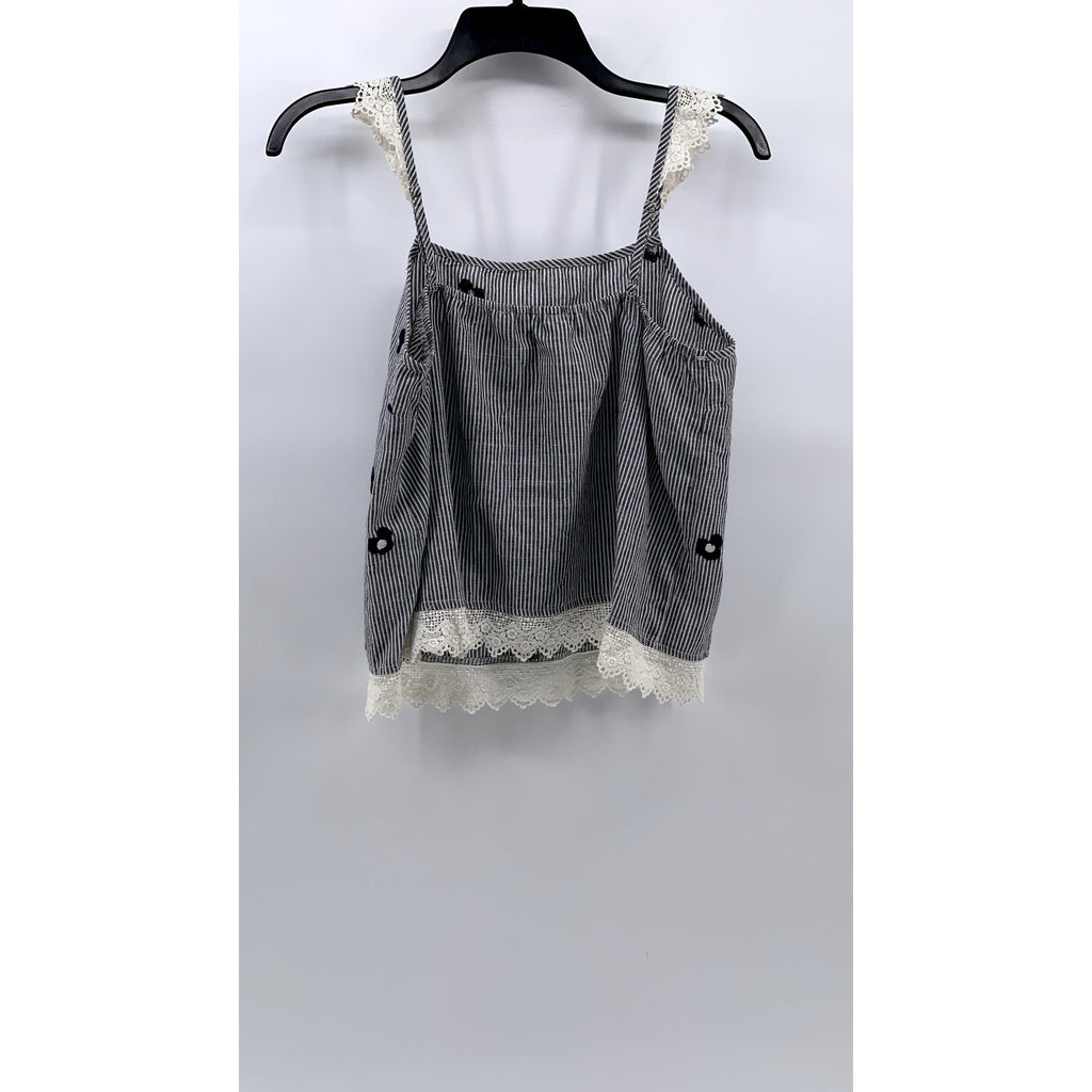 ALICE BLUE Women's Gray-White Striped Embroidered Floral Lace-Trim Top SZ L