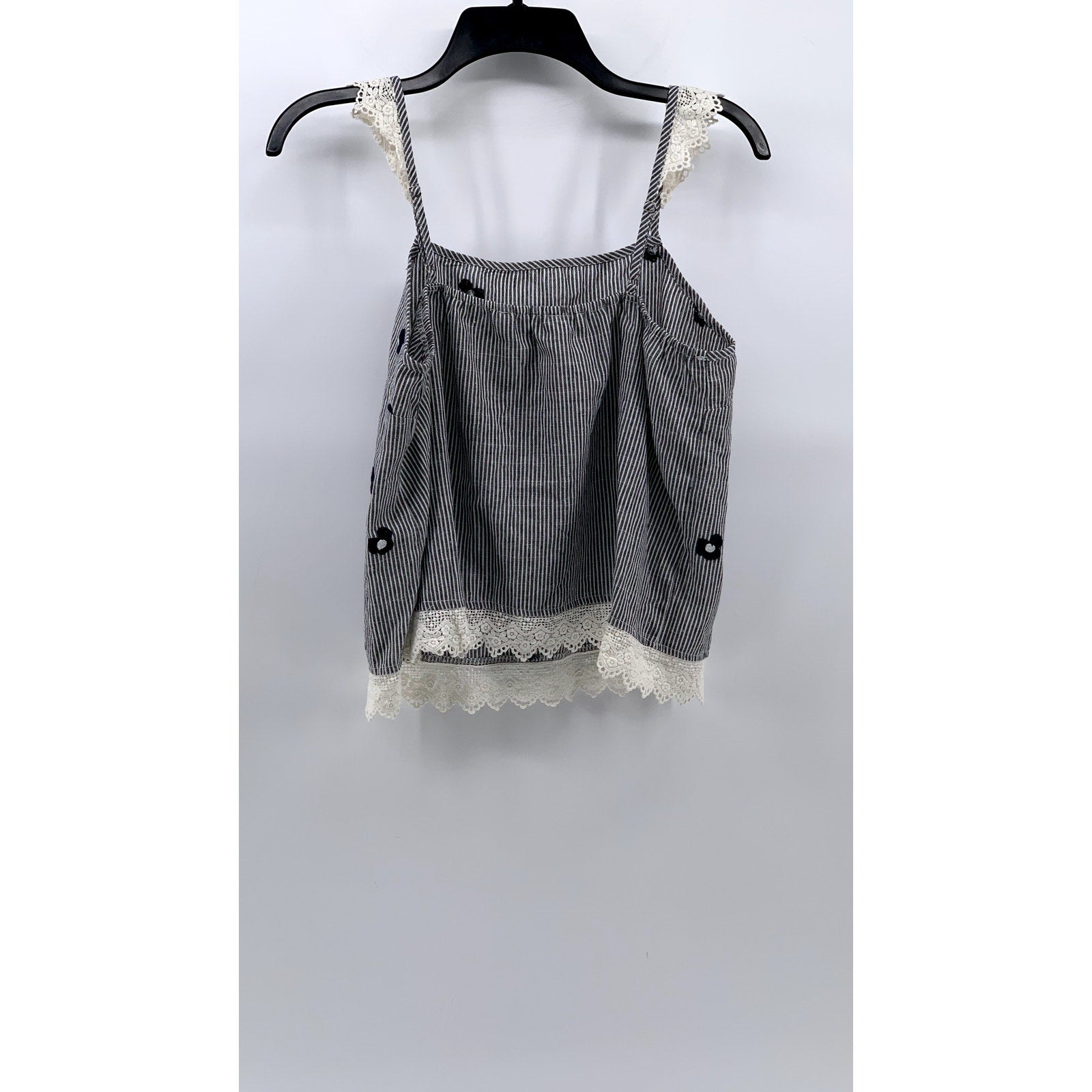 ALICE BLUE Women's Gray-White Striped Embroidered Floral Lace-Trim Top SZ L