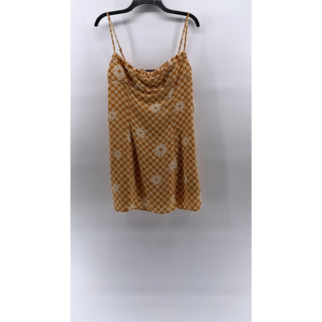 URBAN OUTFITTERS Women's Orange Checkered Daisy Print Cowl-Neck Mini Dress SZ L
