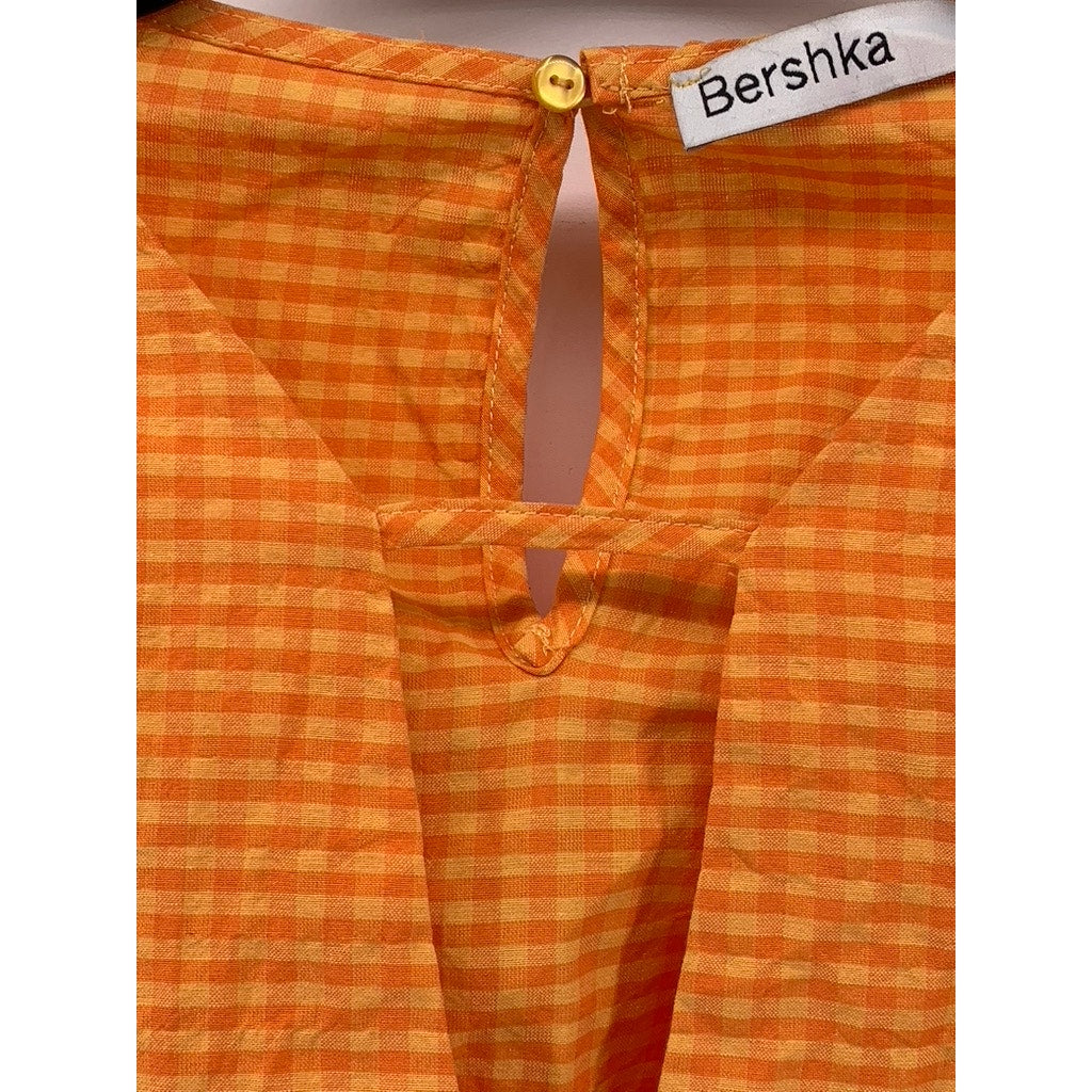 BERSHKA Women's Orange-White Gingham Long Sleeve V-Neck Cutout Cropped Top SZ S