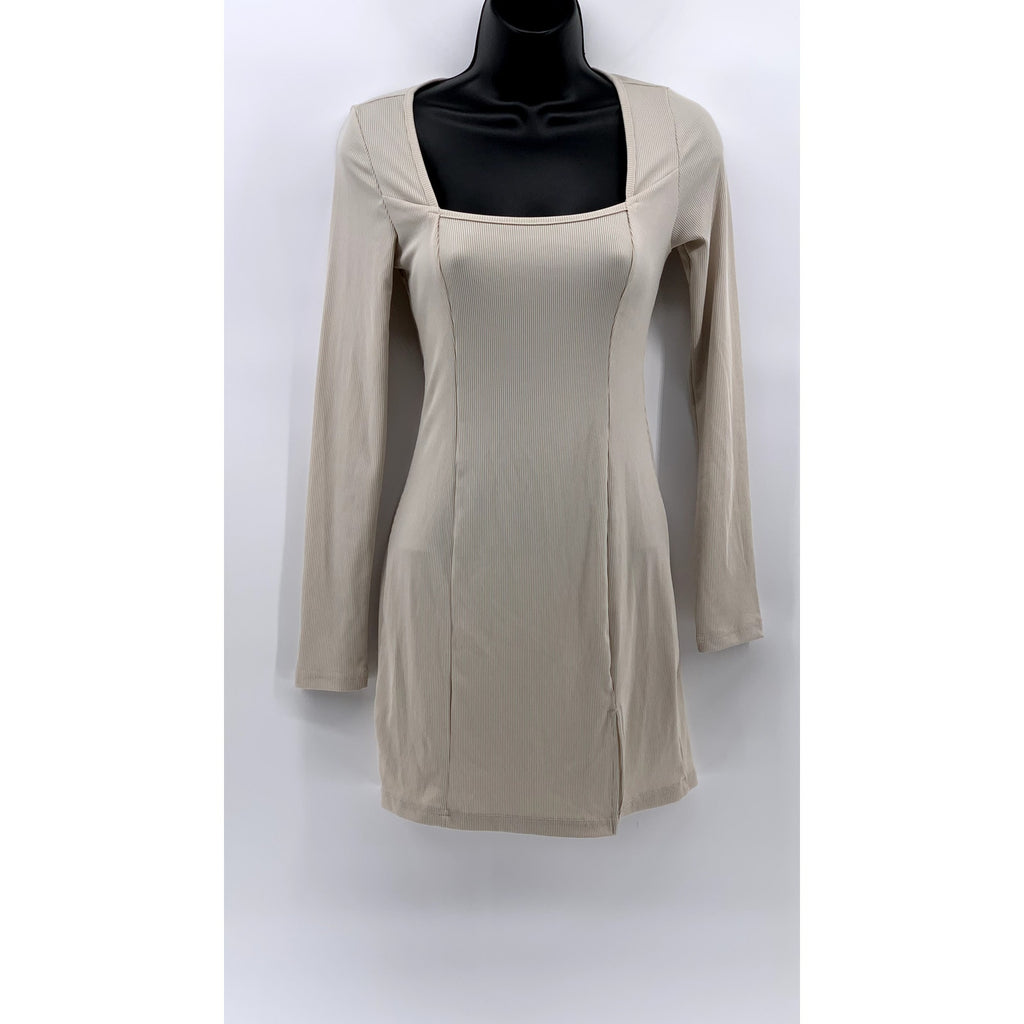 SHEIN Women's Beige Ribbed Square-Neck Slit Bodycon Dress SZ S