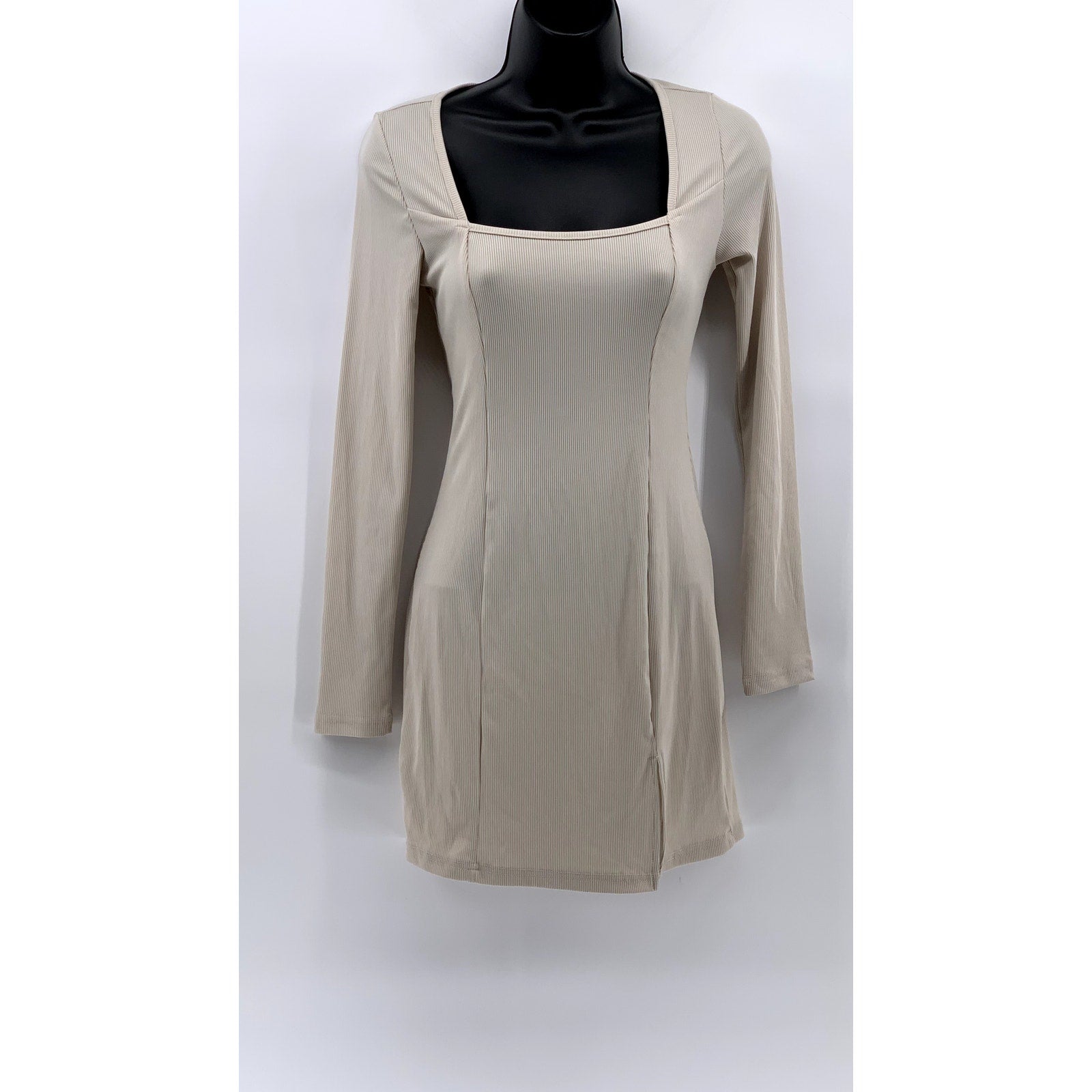 SHEIN Women's Beige Ribbed Square-Neck Slit Bodycon Dress SZ S