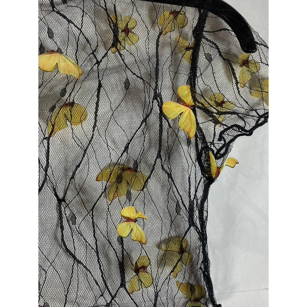 Women's Black/Yellow 3D Butterfly Mesh Short Sleeve Cover Up Top