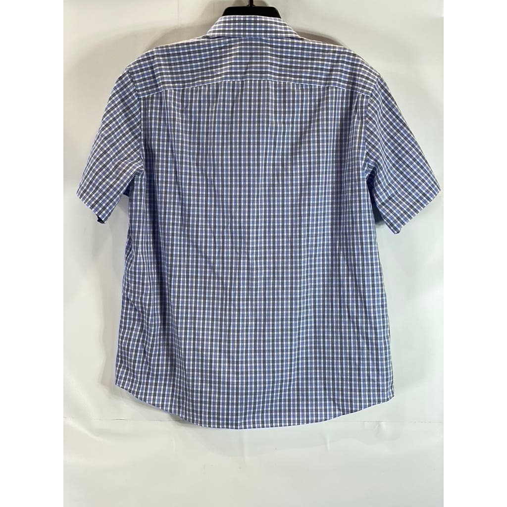 UNTUCKIT Men's Blue Micro Check Wrinkle-Free Short Sleeve Button-Up Shirt SZ L