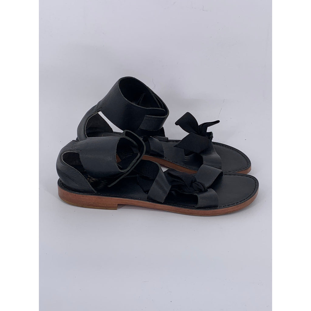 POUR & VICTOIRE Women's Black Leather Round Open-Toe Strappy Sandals SZ 7