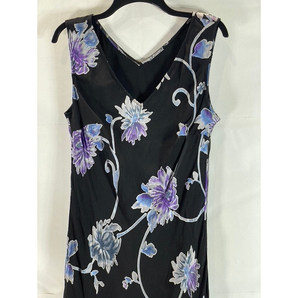 UNBRANDED Women's Black/Blue Floral Sheer V-Neck Sleeveless Midi Dress SZ S