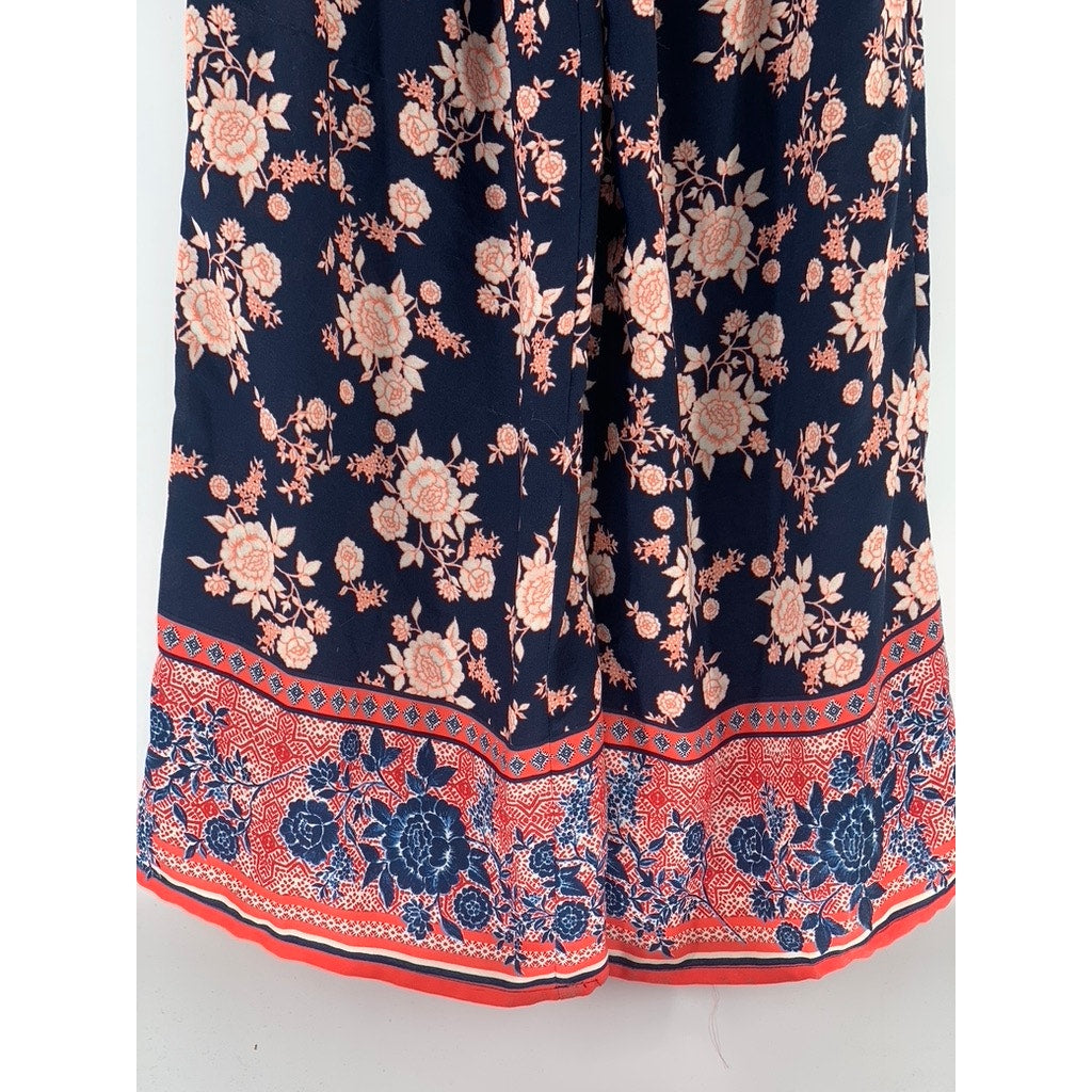 BEBOP Women's Navy-Pink Floral V-Neck Short Sleeve Cutout Maxi Summer Dress SZ M