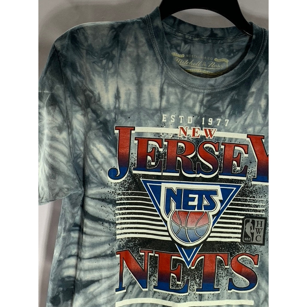 MITCHELL & NESS Men's Blue/White Tie-Dye New Jersey Nets Crewneck T-Shirt SZ M