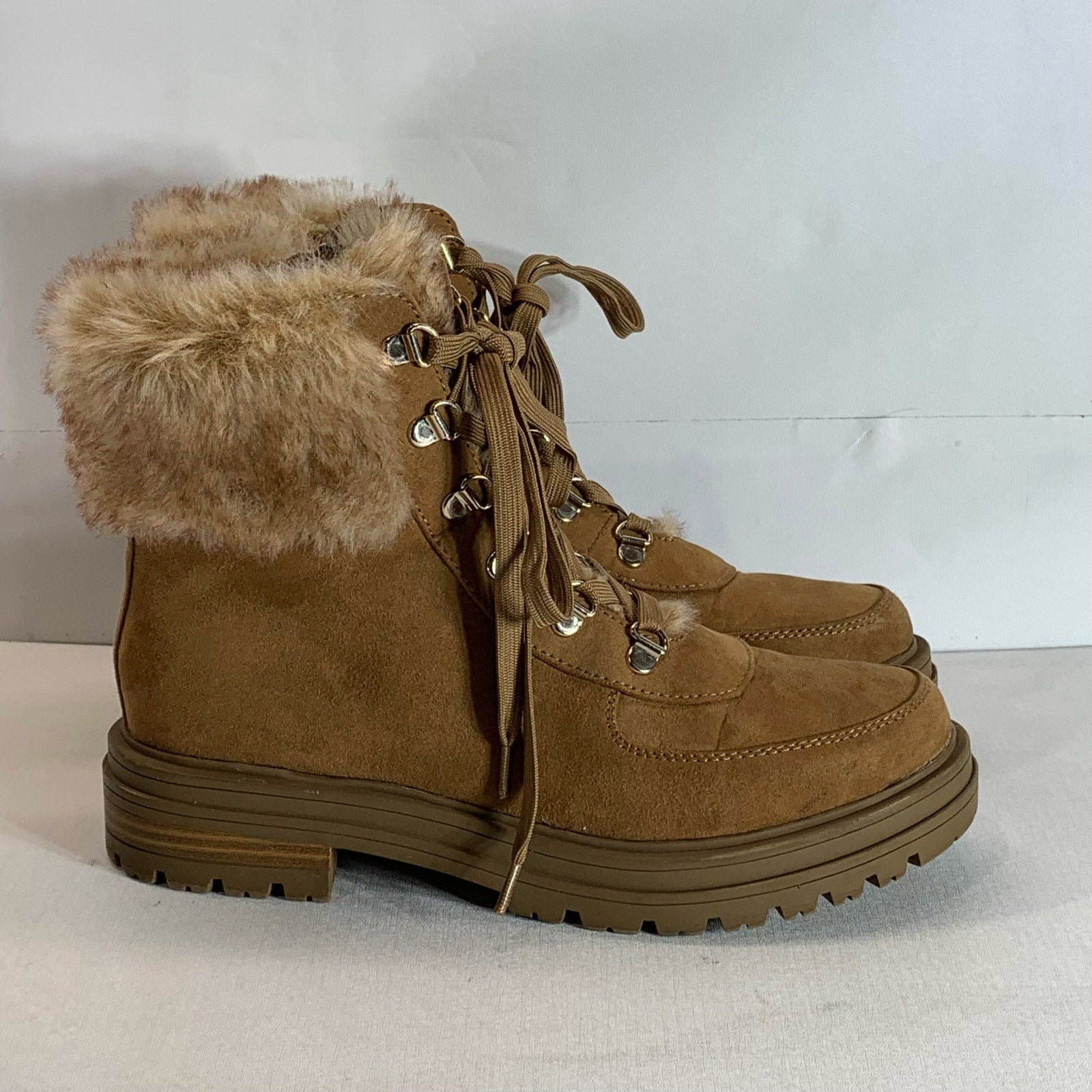 SUN+STONE Women's Tan Orlaa Faux-Fur Cold Weather Lug Sole Boots SZ 8
