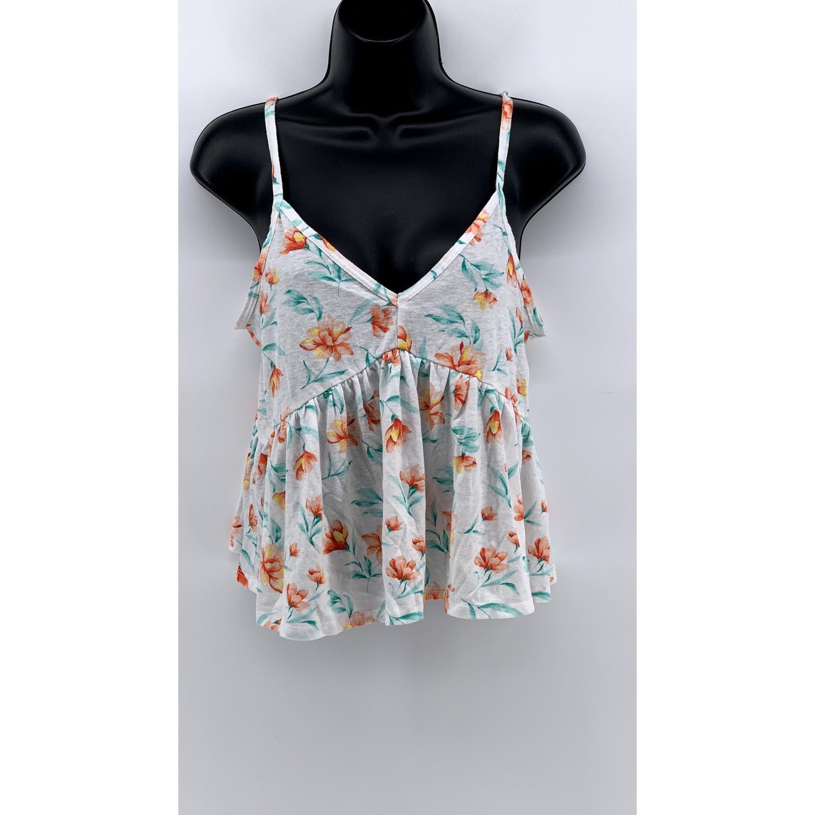 FOREVER 21 Women's White Floral V-Neck Ruffle Tank Top SZ S