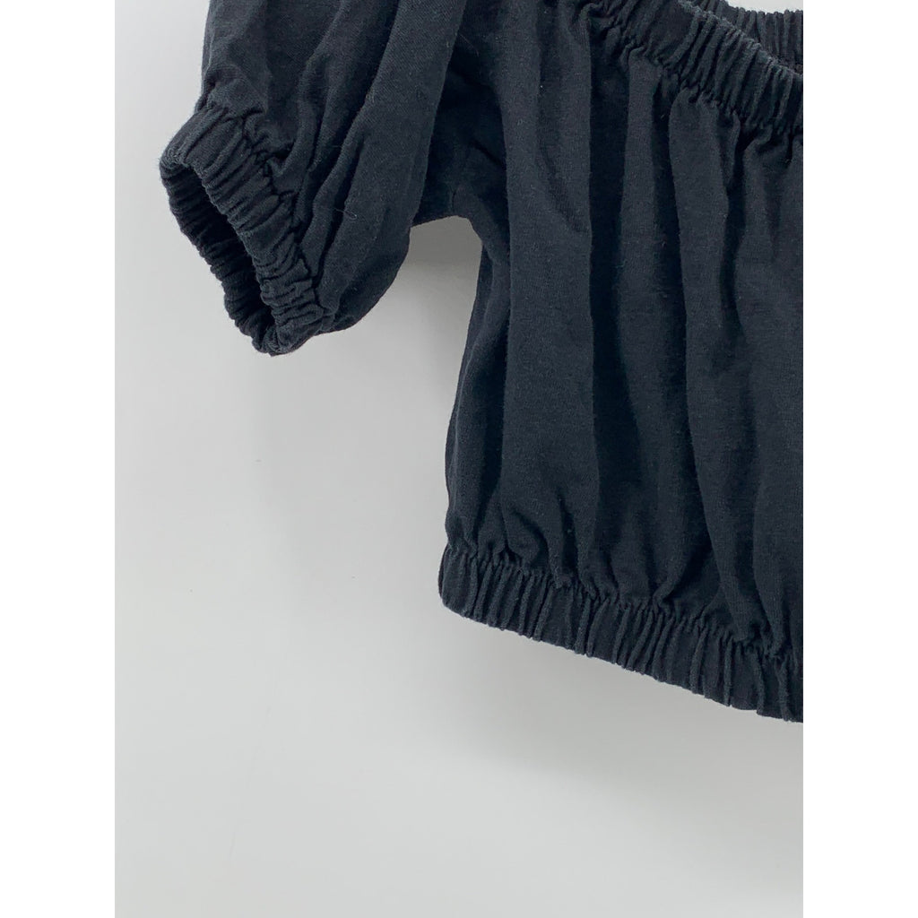 FASHION LOVE Women's Black Solid Scoop-Neck Short Puff Sleeve Cropped Top SZ S