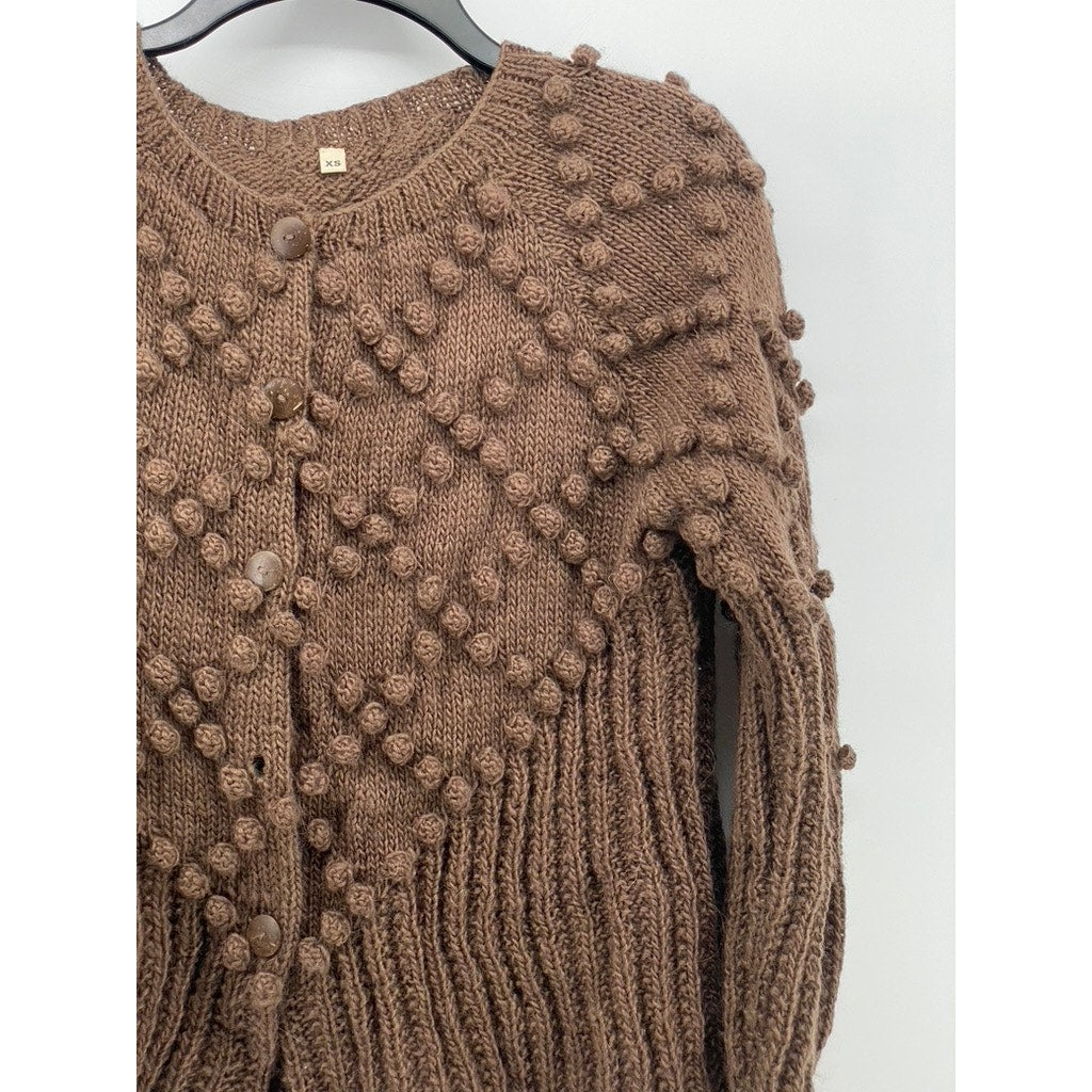 KTS Women's Brown Knit Button-Up Diamond Ball Textured Ribbed Cardigan SZ XS