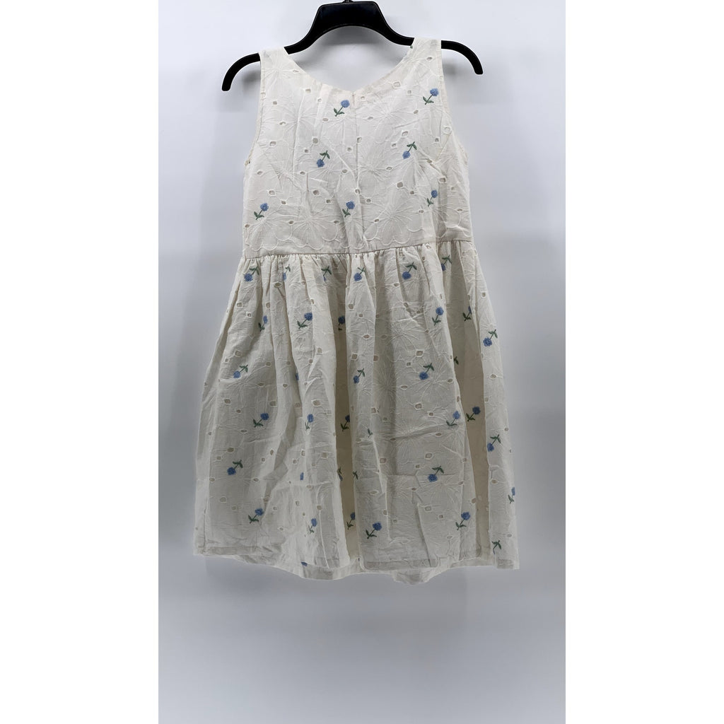 UNBRANDED Girl's White Embroidered Floral Eyelet A-Line Sleeveless Dress SZ L
