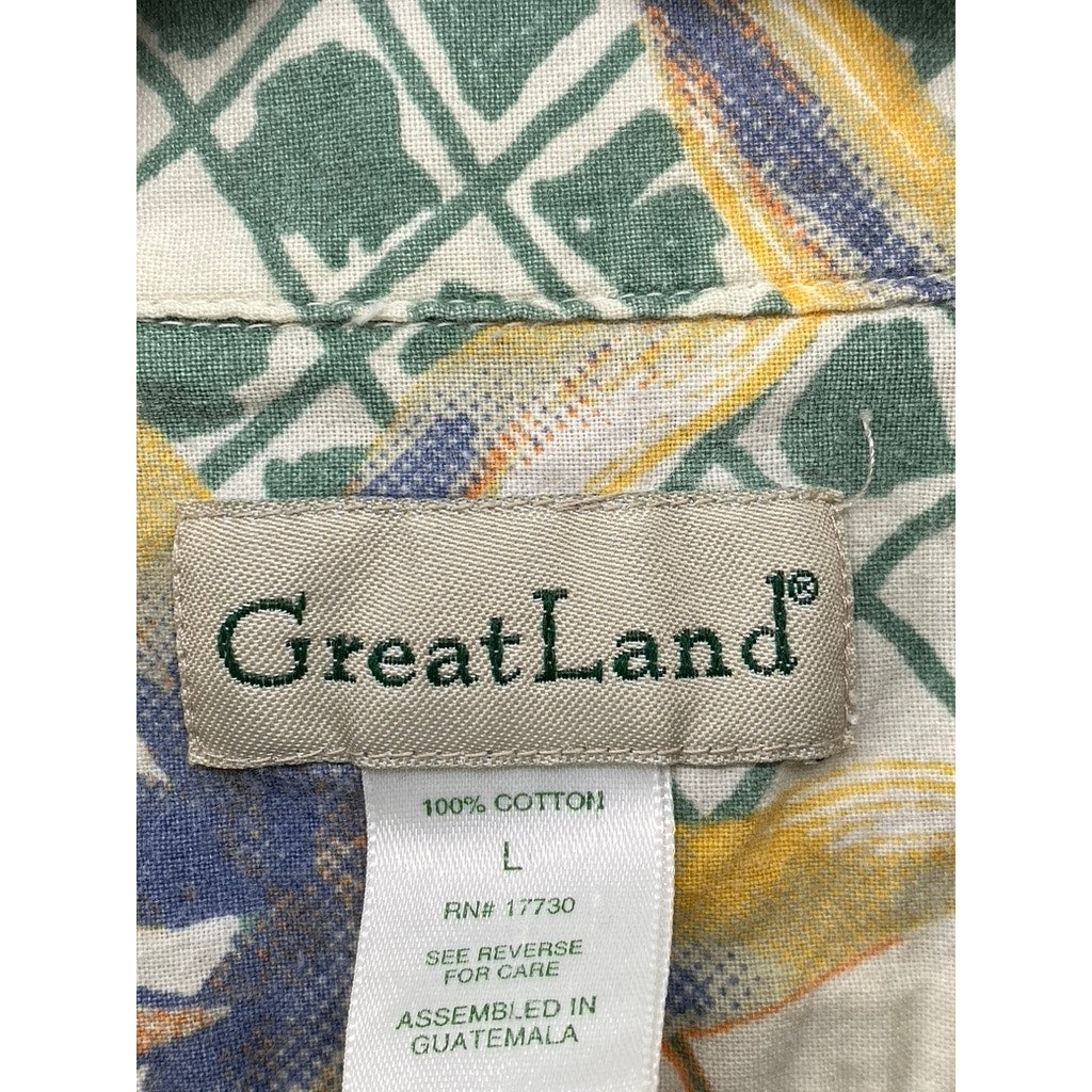 GREAT LAND Men's Vintage White-Green Regular-Fit Button-Up Hawaiian Shirt SZ L