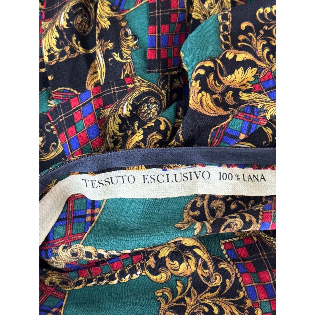 Women's Green/Tan Printed Wool Tie-Neck Long-Sleeve Fit & Flare Dress SZ M